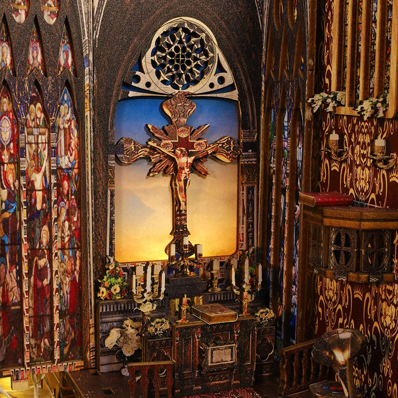 DIY Book Nook Shelf Insert Kit 3D Wooden Puzzle Doll House Assembly Building Model Bookends With Furniture LED Light Xmas Gifts by Smarsty