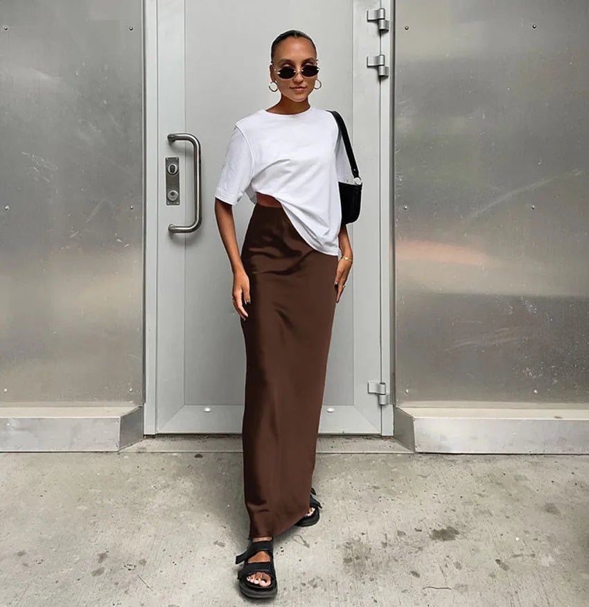 Elegant Satin Black Trumpet Skirts Fashion Slim High Waist Skirts Women Female Solid Office Long Skirt Spring Summer - Smarsty