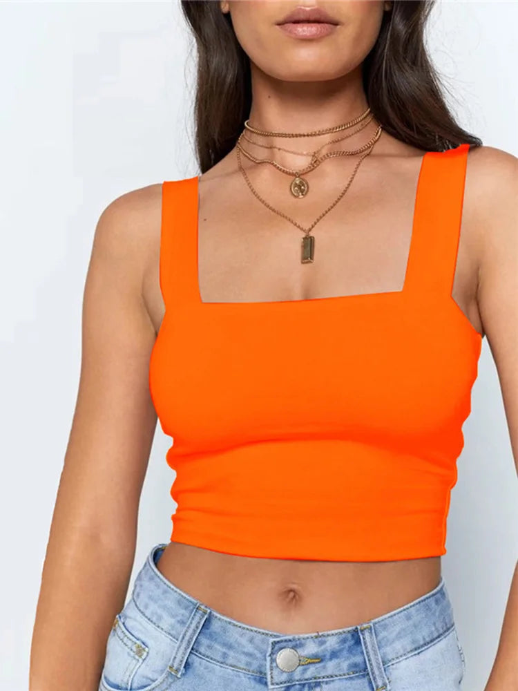 Square Neck Sleeveless Summer Crop Top White Women Black Casual Basic T Shirt Off Shoulder Cami Sexy Backless Tank Top - Smarsty