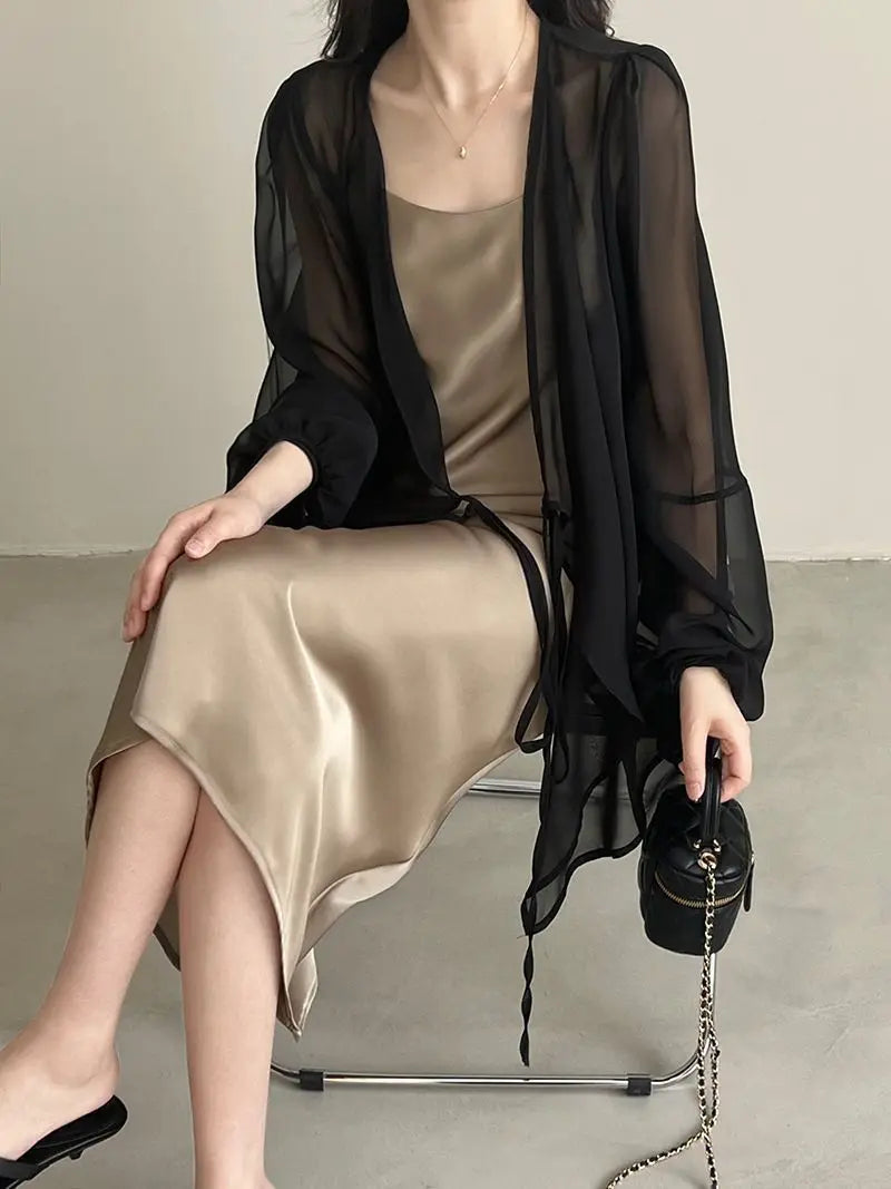 Shirts Women V-neck Loose Long Sleeve Open Stitch Korean Style Lace-up Simple Solid Summer Chiffon Breathable Minimalist Stylish - Smarsty