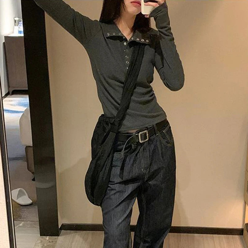 Fall Winter Long Sleeve Knit Pullovers Woman Y2K High Street Button Up Sweaters for Women Vintage Gray Ribbed Bottoming Tops - Smarsty