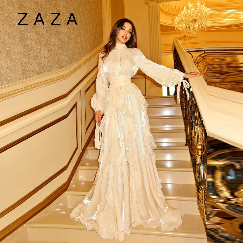 Shinny Ruffles Hem Maxi Dress A Line Long Sleeve Slim Fit Party Long Robes Lace Up Luxury Club Vestidos 2025 Lady Summer Gowns