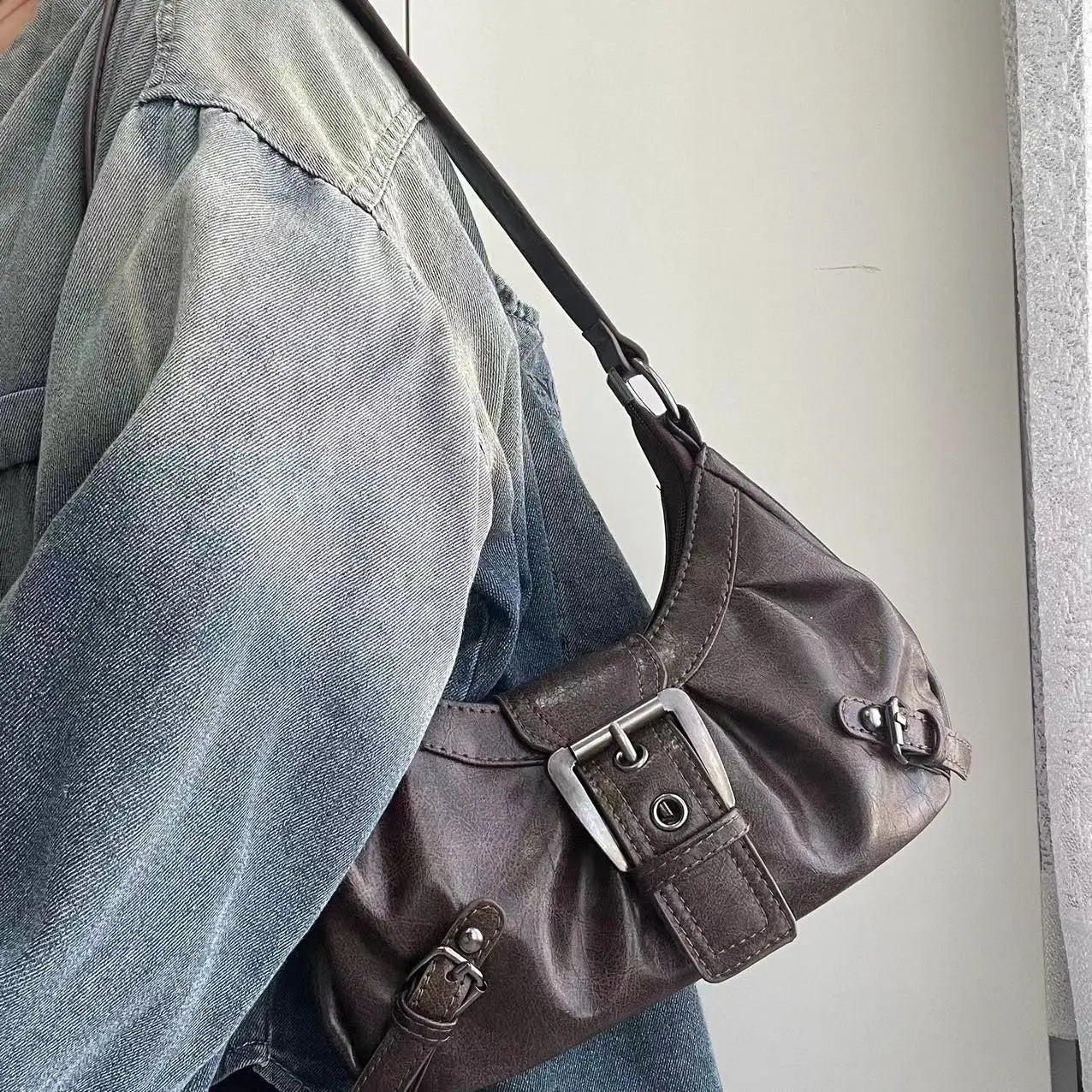 Vintage Leather Shoulder Mini Bag Y2K Wasteland Style - Smarsty