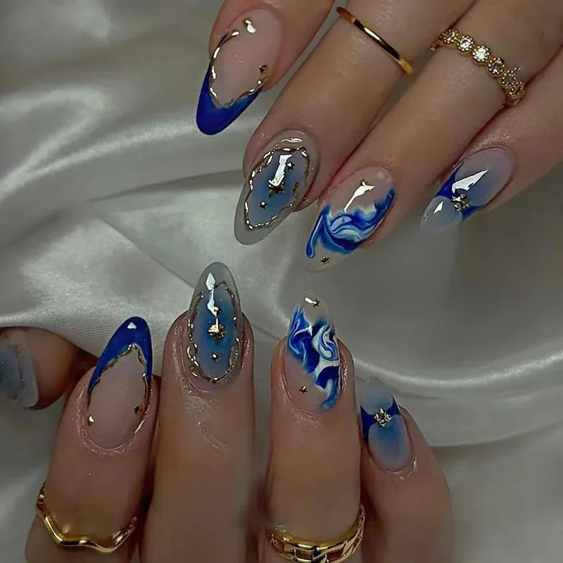 Romantic 24pcs Blue French Style Press On Nails - Smarsty