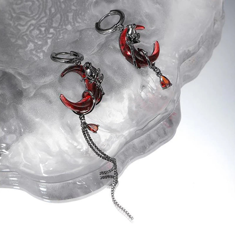 Red Moon Gem Asymmetric Earrings for Unique Punk Style - Smarsty