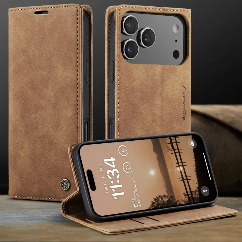 iPhone 17 Air 16 15 14 Retro PU Leather Magnetic Book Phone Wallet Flip Case by Smarsty