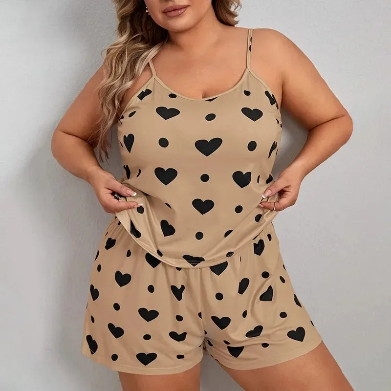 Plus Size Heart Print Women Pajama Set Sleeveless O Neck Crop Top & Elastic Waist Shorts 2 Pieces Female Sleepwear Nightwear - Smarsty
