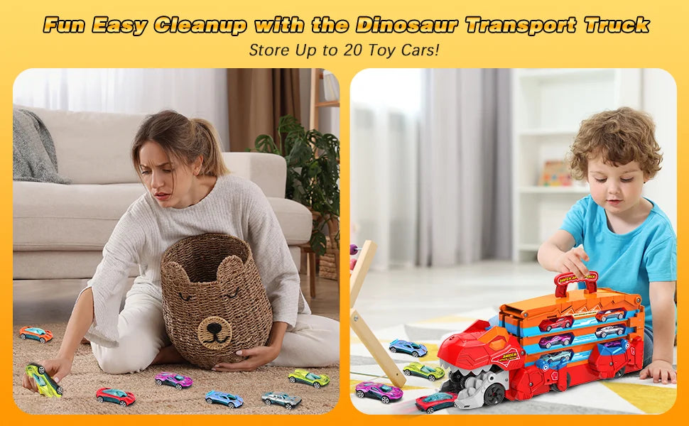 Dinosaur 3-In-1 Transport Truck Car Toys for Boys Age 3+ 8 Race Cars Ejection Folding Portable Track Toy with Sound for Kids