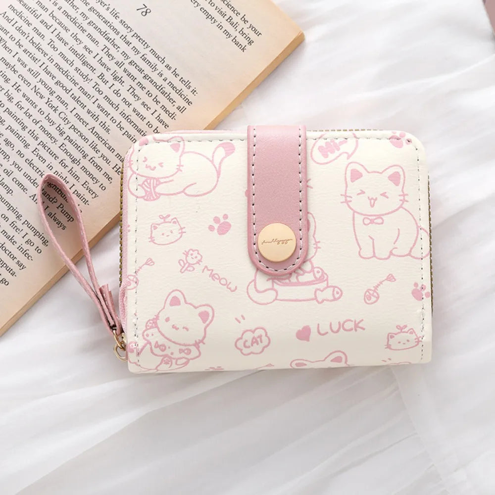 Cute Cat Coin Purse Women Fashion Short Wallet PU Leather Large Capacity Wallet Lightweight ID Card Holder Travel Cash Coin Bag - Smarsty