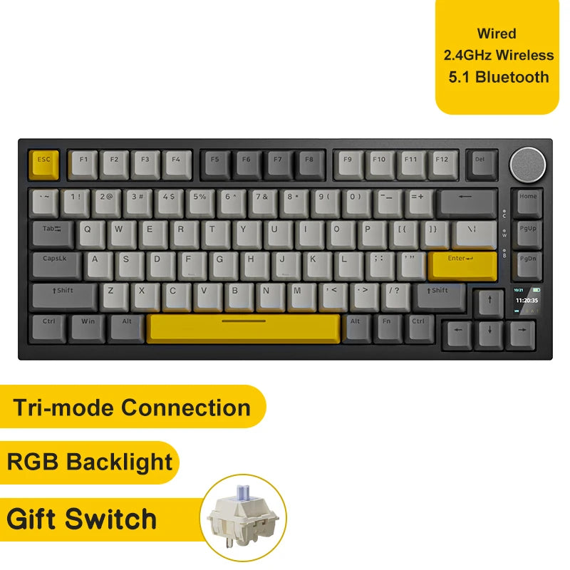 Mechanical Keyboard 82 Keys Wireless Bluetooth 5.1 Knob