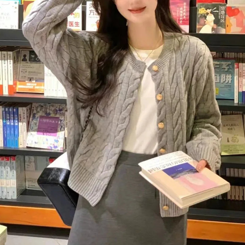 2024 Vintage Long Sleeve Cardigan Women Sweater O-neck Elegant Knitted Top Fashion Autumn Grey Knitwear - Smarsty