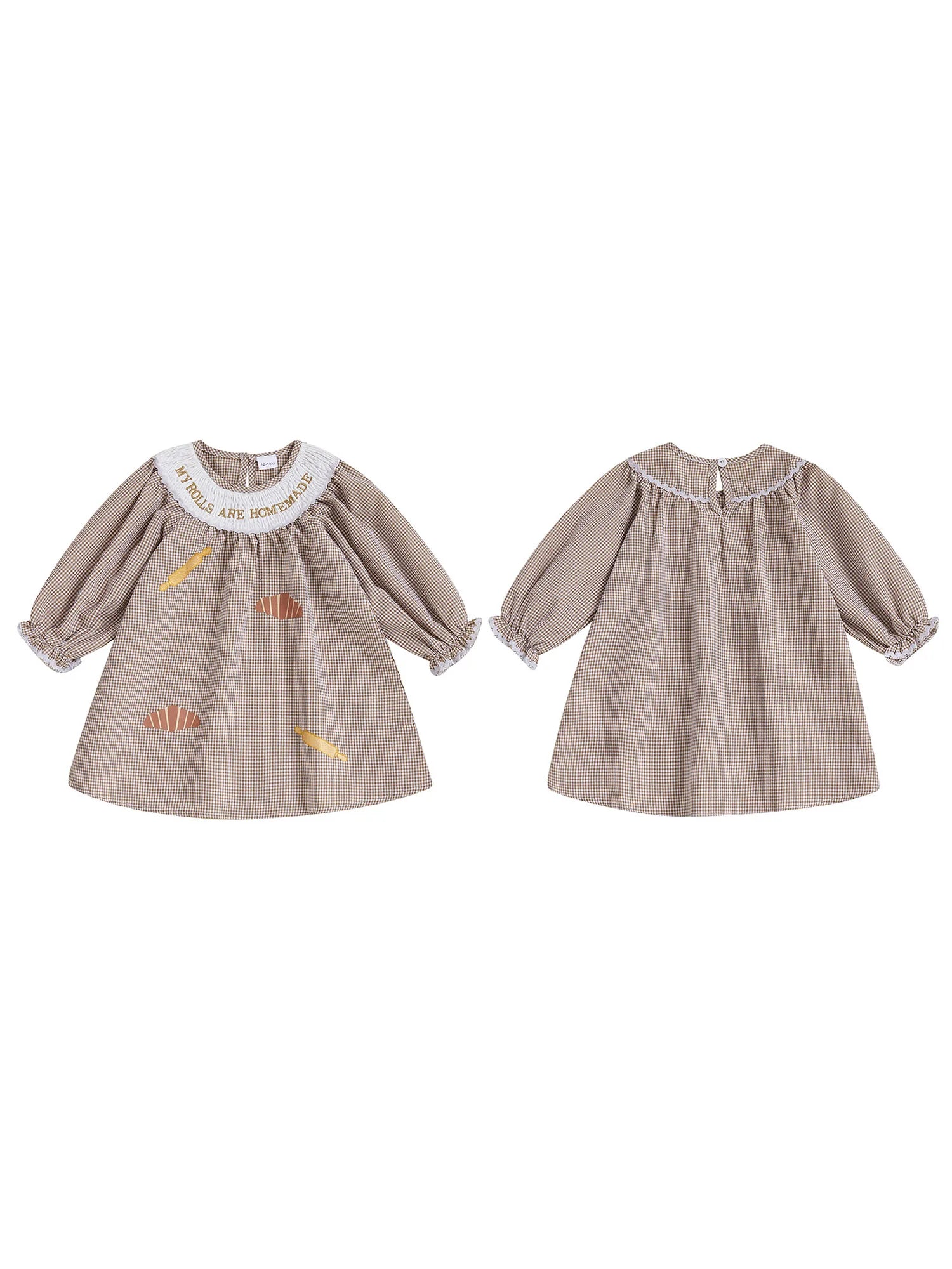 Thanksgiving Turkey Embroidered Plaid Dress with Peter Pan Collar and Long Sleeves for Girls - Festive Fall Outfit for Kids