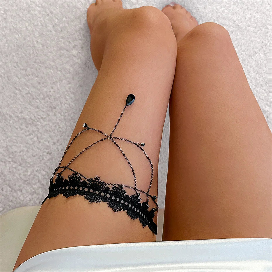 Boho Black Lace Thigh Chain Body Jewelry for Women - Smarsty