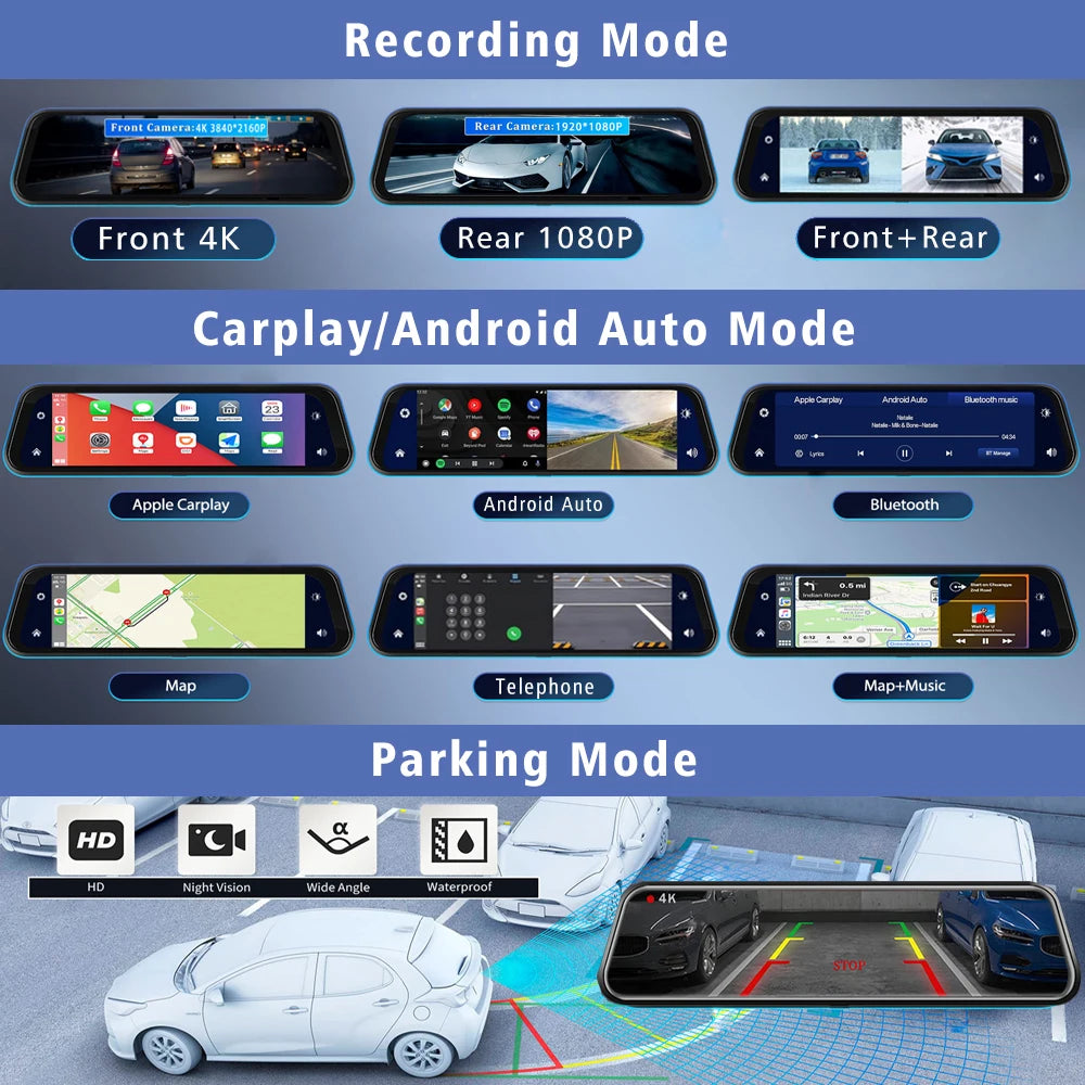 4K Dash Cam With Rearview Mirror Display and GPS WiFi - Smarsty