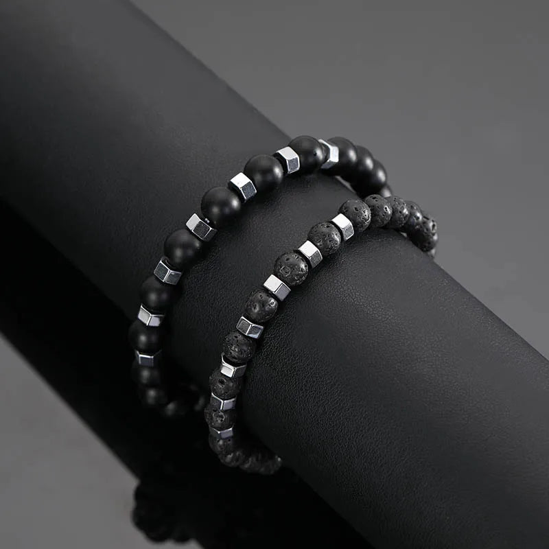 Frosted Black Volcanic Stone Men's Bracelet Set - Smarsty
