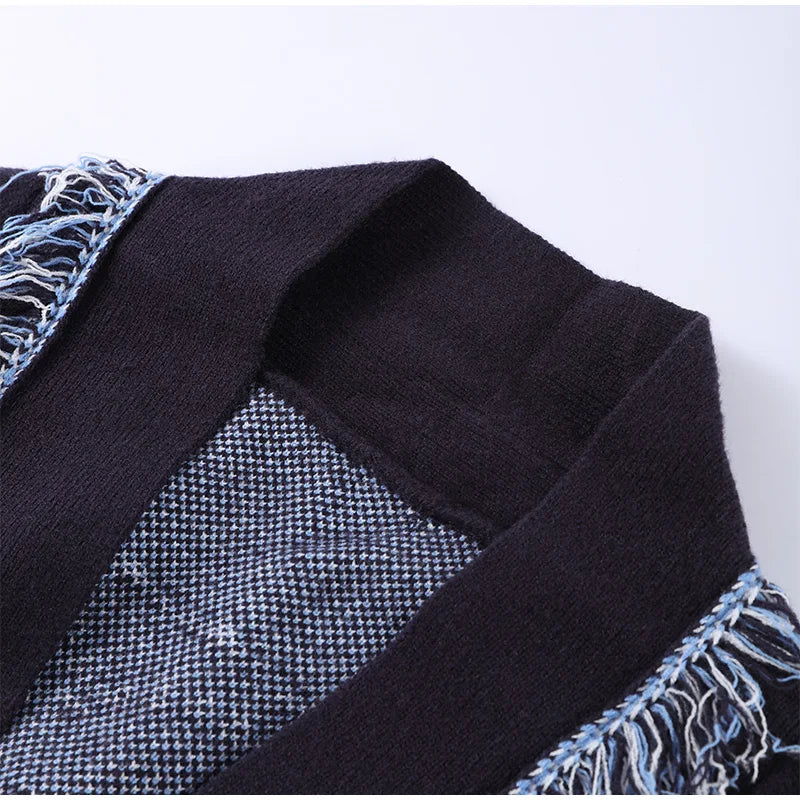 Tassel Patchwork Printed Cardigan Women Geometric Patterns Belts V-neck Long Sleeve Knitted Street Lady Sweater 2025 Autumn Coat - Smarsty