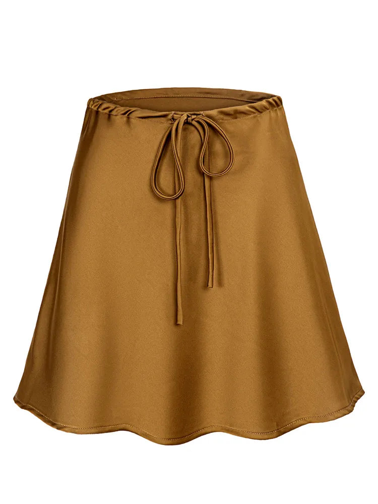 Satin Mini Skirts Women Summer Beige Silk Short Skirt For Woman Drawstring High Waist Black Satin Skirt A Line Women Short 2025 - Smarsty