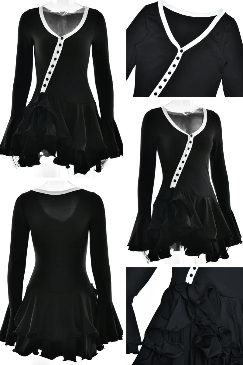 Absobe Women's A-Line Bodycon Mini Dress Ruffle Hem V-Neck Asymmetrical Buttons Long Sleeve Short Dress Party Streetwear Outfits - Smarsty