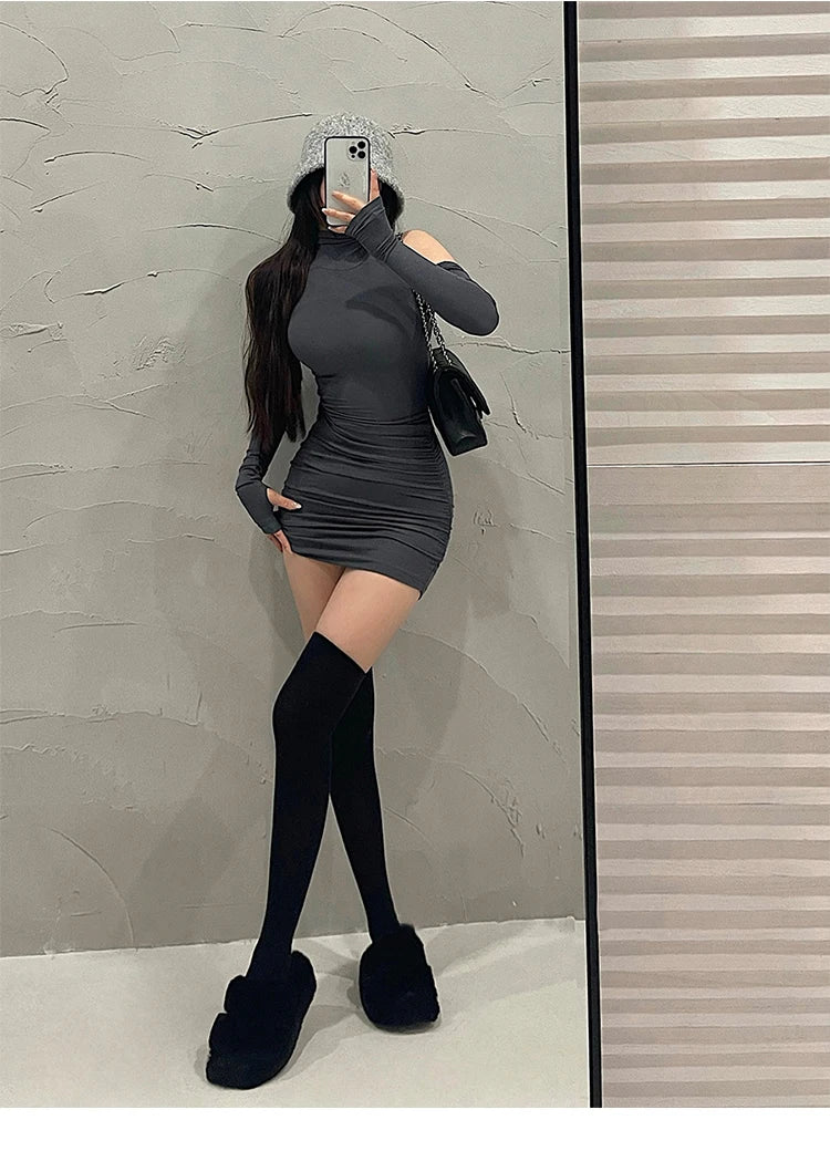Summer Sexy High Neck Tight Dress Oversleeve Pleated Bottom Wrapped Hip Dress Women Bodycon - Smarsty