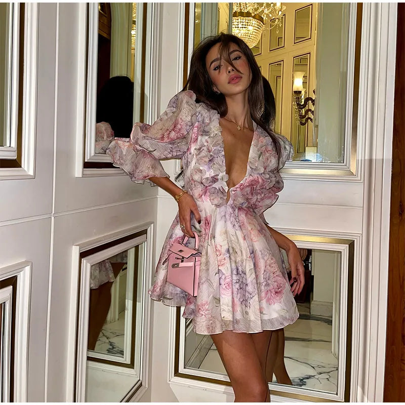 Women Mesh Patchwork Flower Print Mini Dress Elegant V-neck Short Sleeve High Waist A-line Dresses 2025 New High Street Vestidos - Smarsty