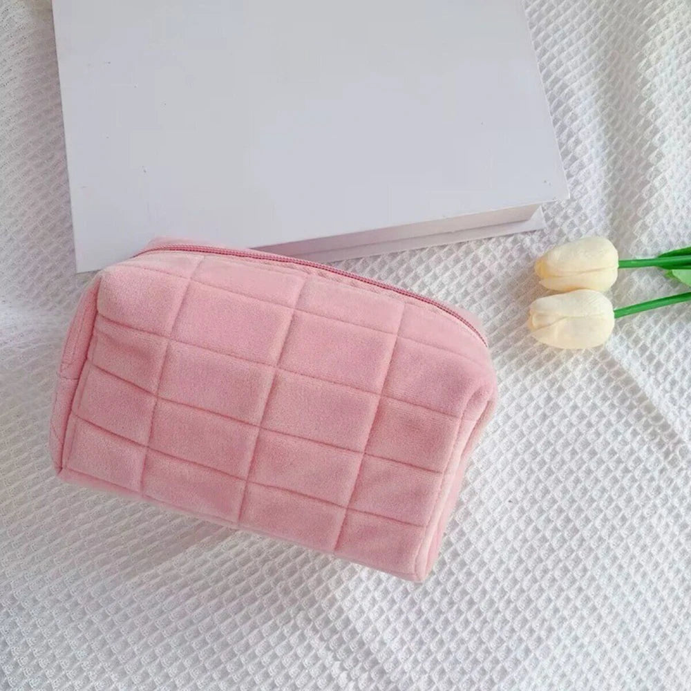 Cute Plush Makeup Bag for Women Portable Travel Small Cosmetic Bags Solid Color Zipper Toiletry Bag Washing Pouch Storage Bags - Smarsty