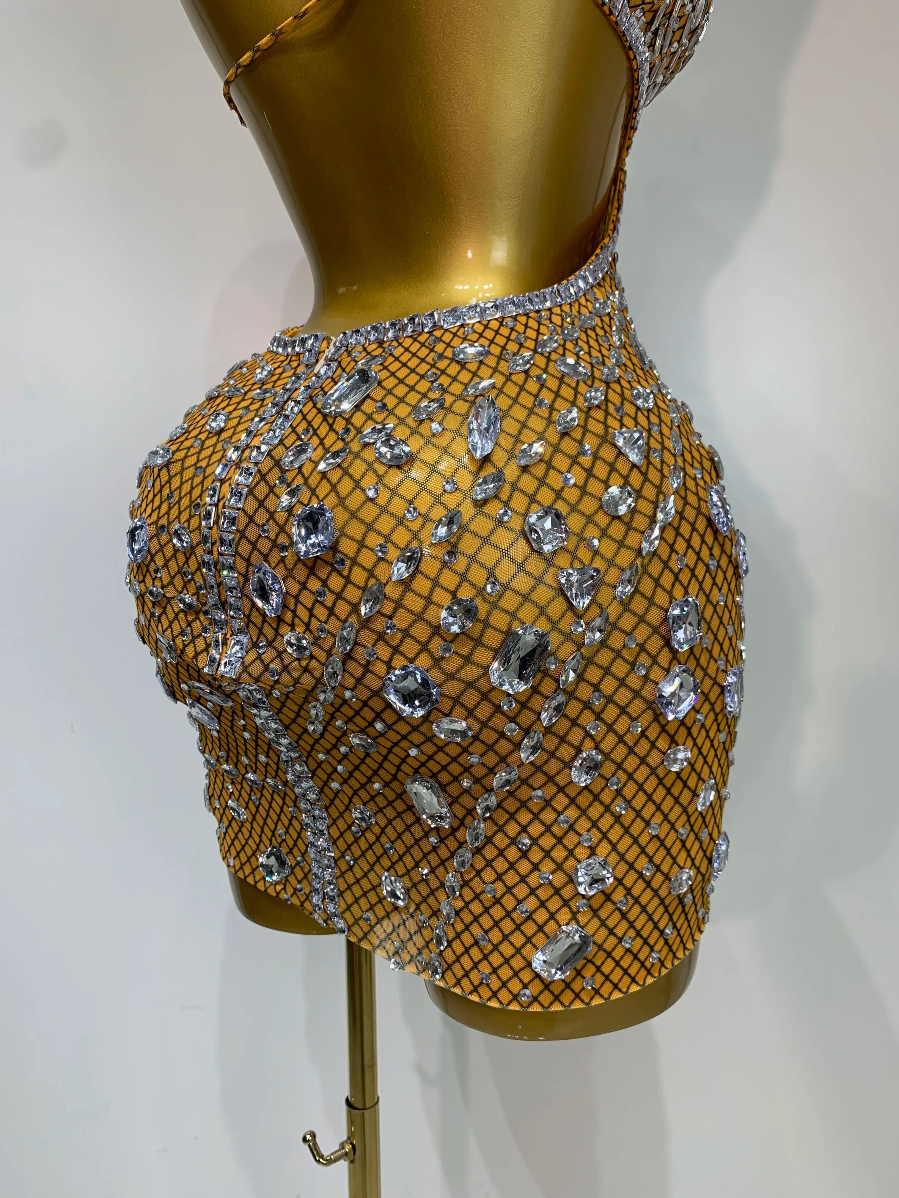 Sexy Sparkly Diamond Backless Short Dress 2025 Women Sleeveless Mesh See Through Evening Birthday Gown Singer Stage Outfit - Smarsty