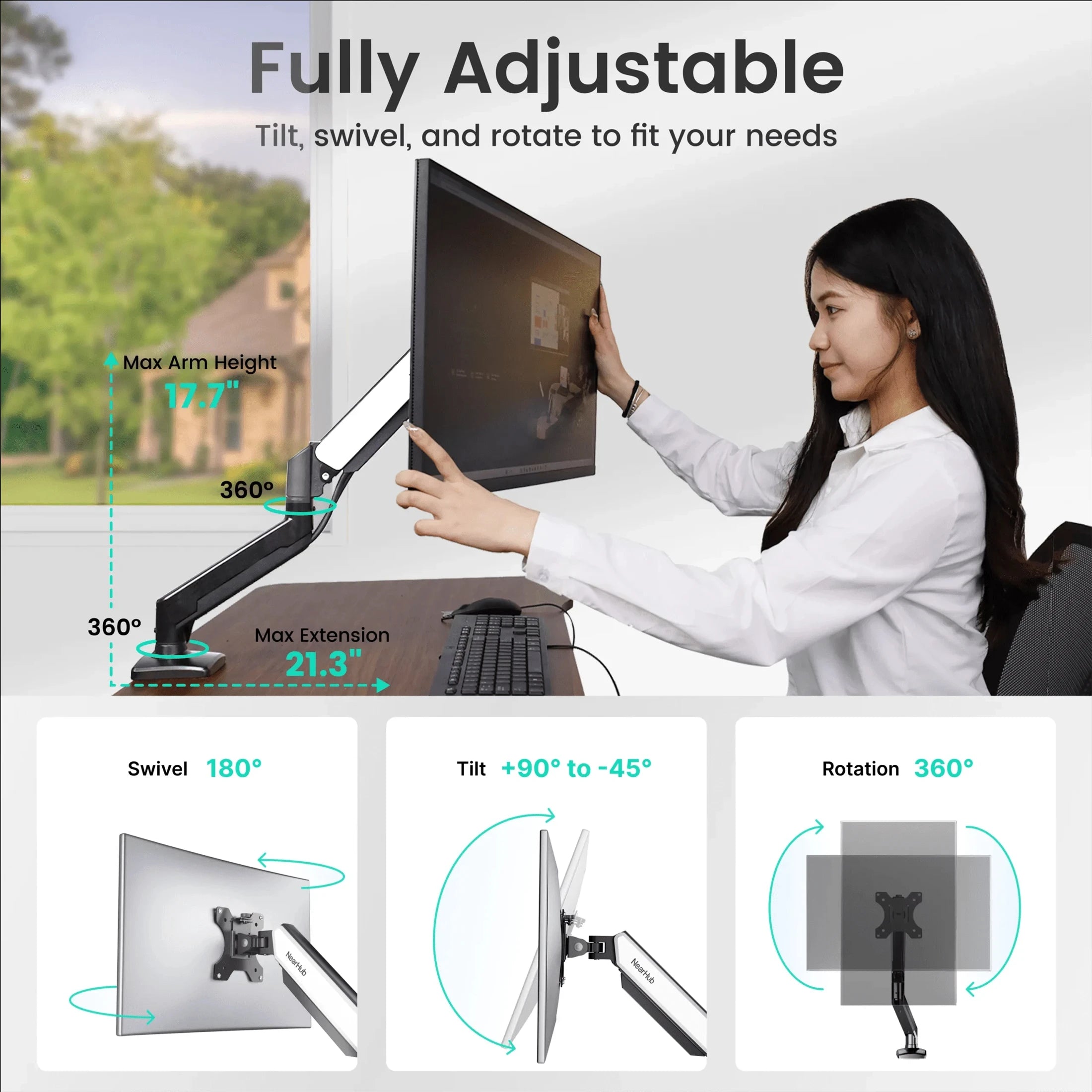 Nearhub MS-001 Monitor Arm Single Arm,Flexible Adjustment 180° Swivel, 360°Rotation Effortless Installation Monitor Arm