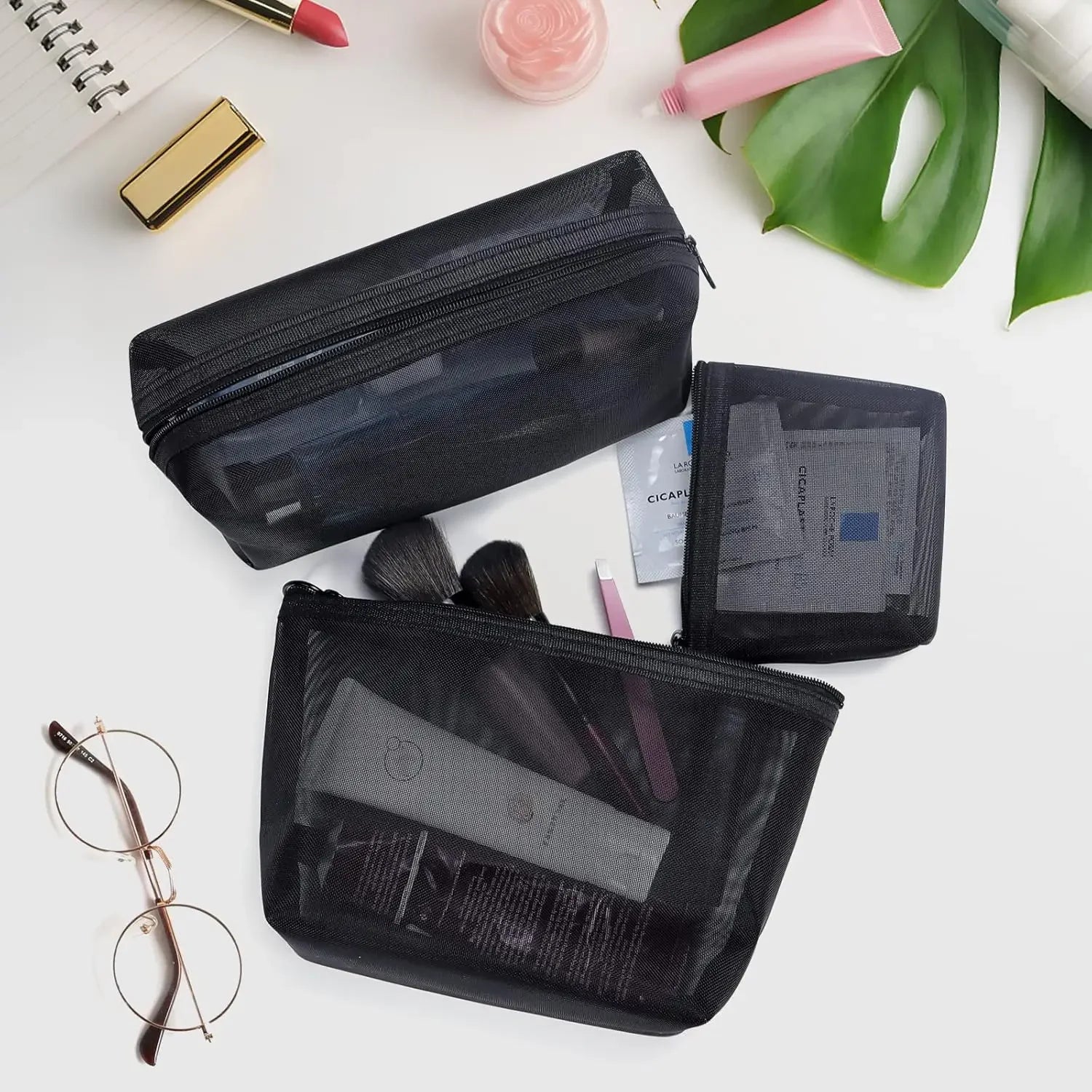 1PC Travel Black Mesh Cosmetic Bag Zipper Makeup Bag For Women Wash Toiletry Bag Makeup Organizer Portable Storage Pouch - Smarsty
