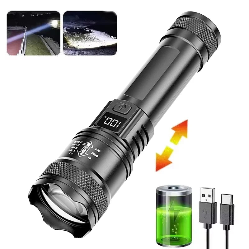 High Strong Power Led Flashlights 2000LM Tactical Torch with Display Light Rechargeable Camping Fishing Emergency Zoom Lantern