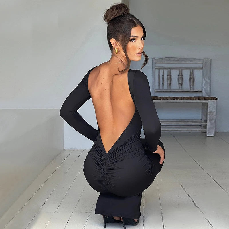 Hugcitar Spring Elegant Long Sleeve Backless Solid Cuched Sexy Bodycon Maxi Prom Dress Women Outfit Evening Party Festival Y2K - Smarsty