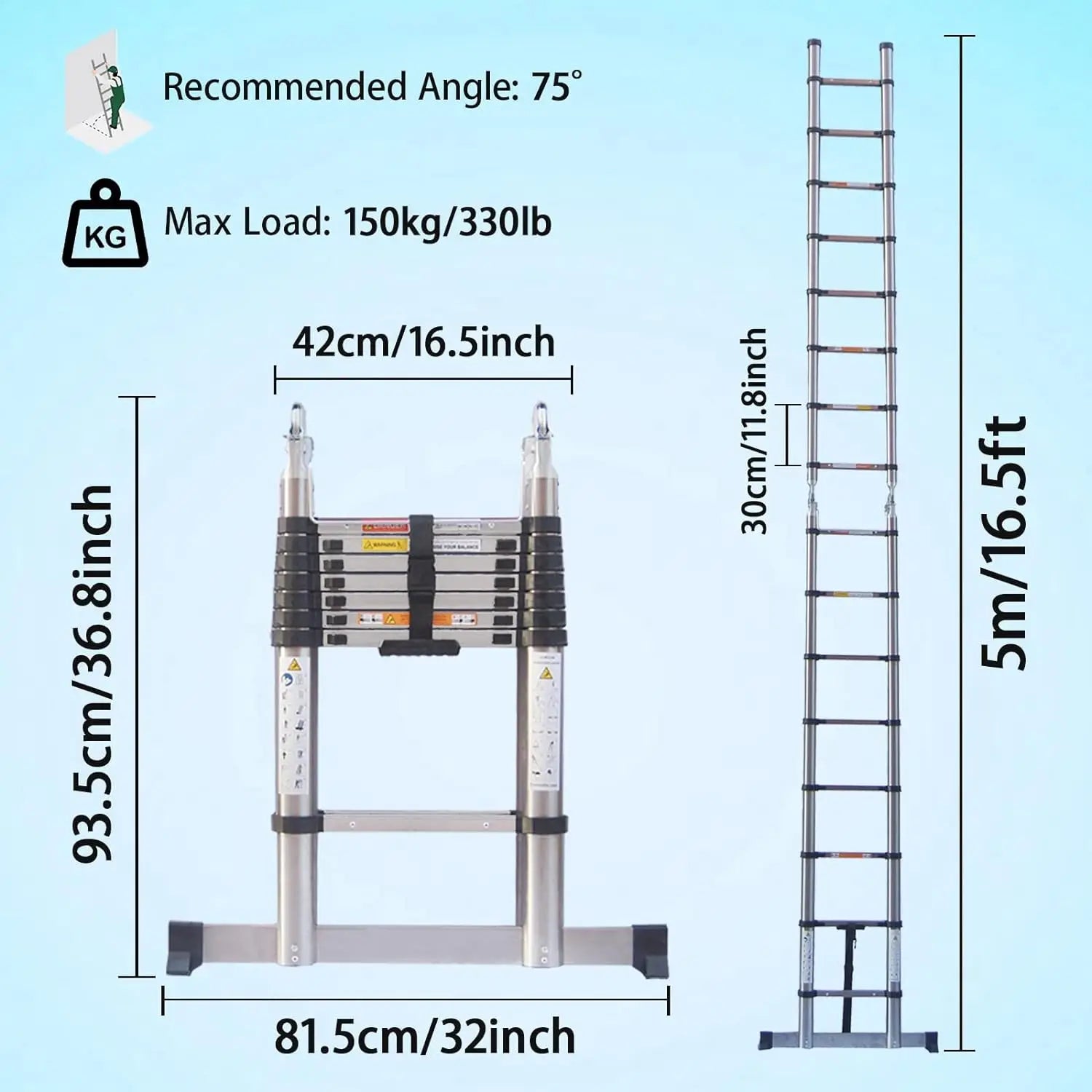 DayPlus Telescoping Ladder Stainless Steel Folding Ladder Portable Extendable Loft Ladder Capacity Max Load 150kg/330lb,EN131