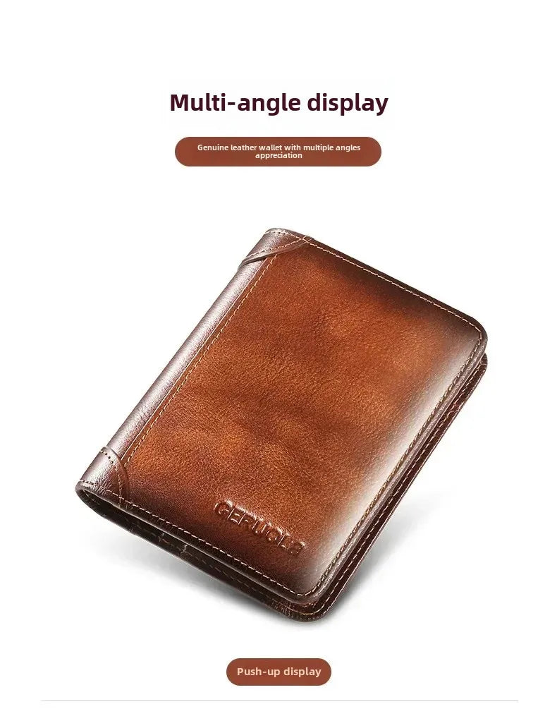 Men Wallet Genuine Leather Rfid Blocking Trifold Wallet Vintage Thin Short Multi Function ID Credit Card Holder Male Purse Money