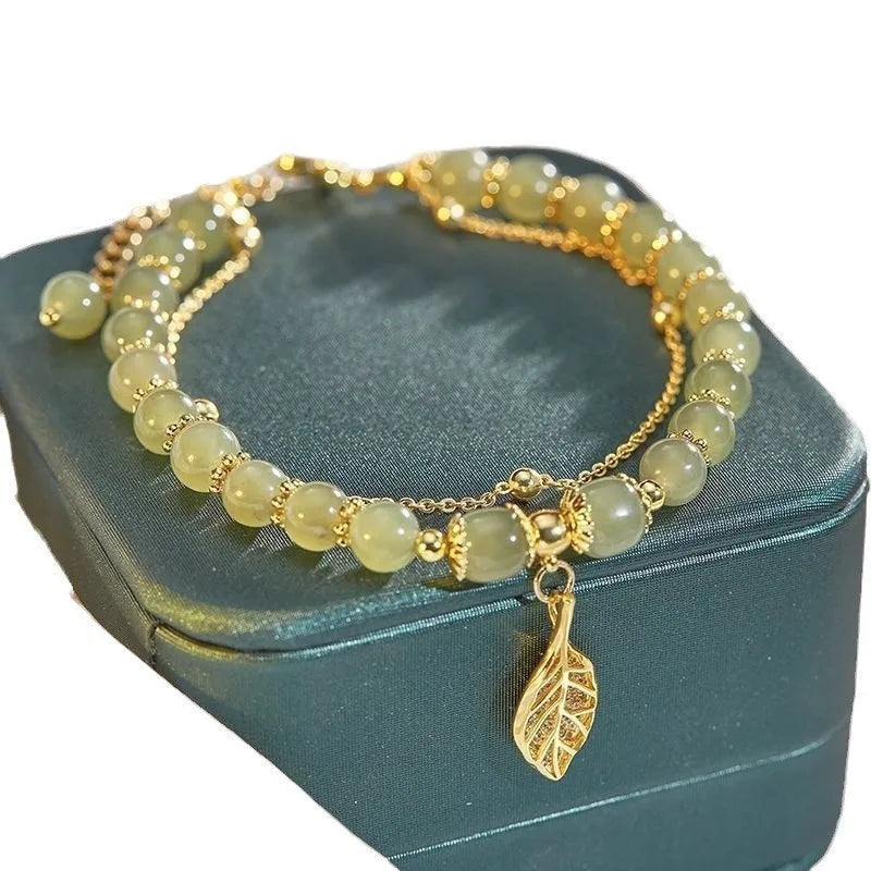 Exquisite Green Jade Bracelet for Women with Gold Leaves - Smarsty