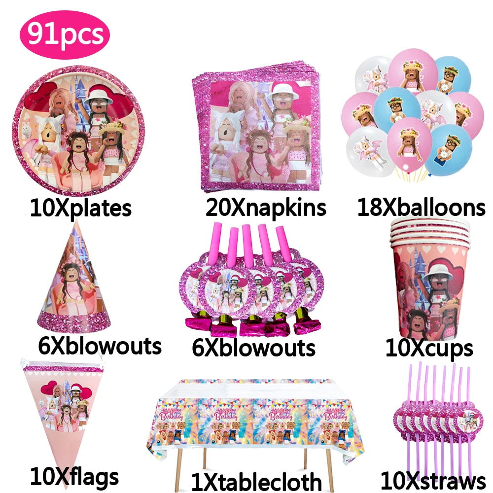 Pink Roblox Birthday Party Decorations Tableware Set - Smarsty