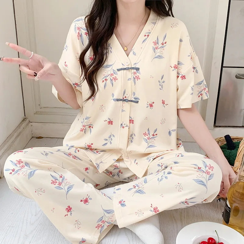 Pigma For Women Cotton Pajama Sleepwear Big Size Pajamas Nightwear Summer Women's Short Sleeved Long Pants Cardigan Pajama Set - Smarsty