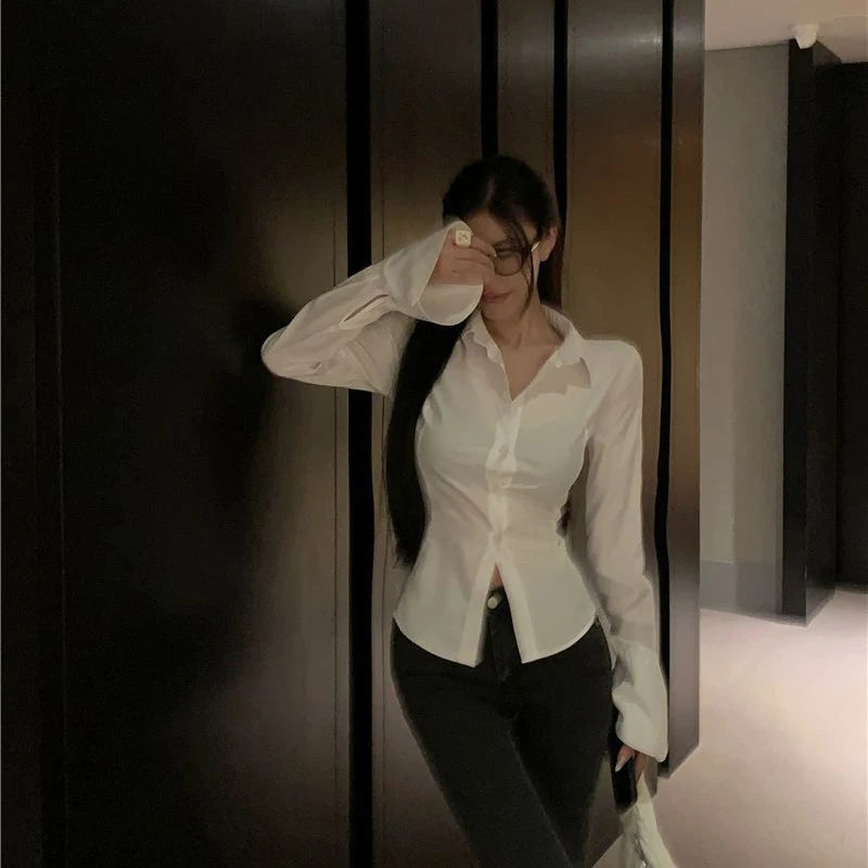 Gidyq Fashion Women Bandage Shirts Korean All Match Streetwear Female Slim Blouse Spring Casual White Bell Sleeve Shirt New - Smarsty