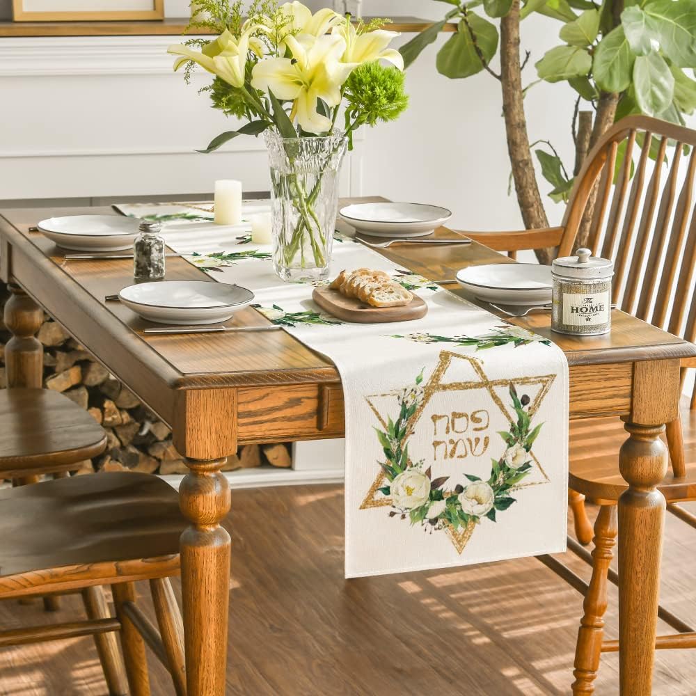 Hexagram Flowers Linen Table Runner for Passover Decor - Smarsty