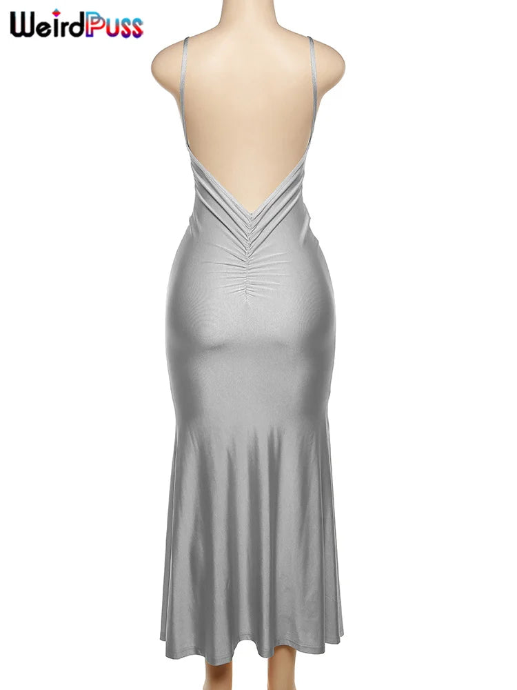 Weird Puss Sexy Backless Women Evening Maxi Dress Folds V-Neck Sleeveless Coquette Elegant Mermaid Matching Banquet Prom Bodycon - Smarsty