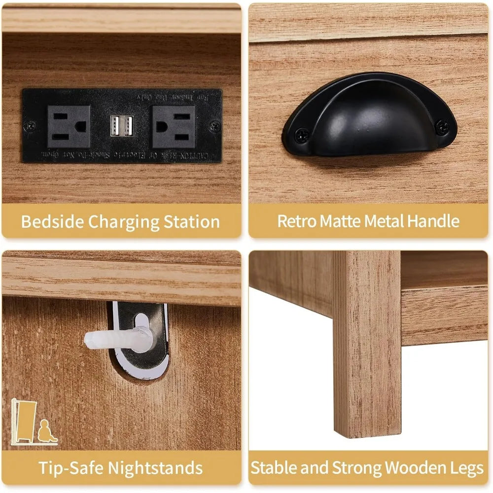 charging station nightstand in farmhouse style, pine wood with drawer for bedroom use