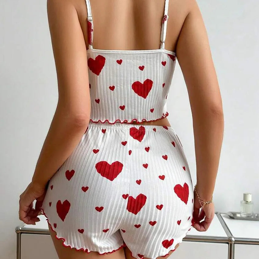 Women's Pajamas Set Sleepwear 2 PCS Short Tank Tops And Shorts S M L White Ventilate Soft Casual Love Printing - Smarsty