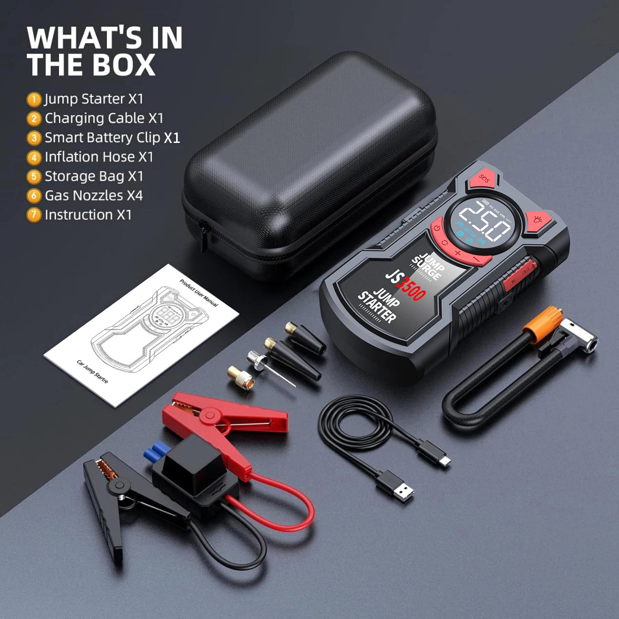 5-in-1 Multifunctional Air Pump Jump Starter with Air Compressor 3000A Peak/150PSI Battery Jump Starter Digital Tire Inflator - Smarsty