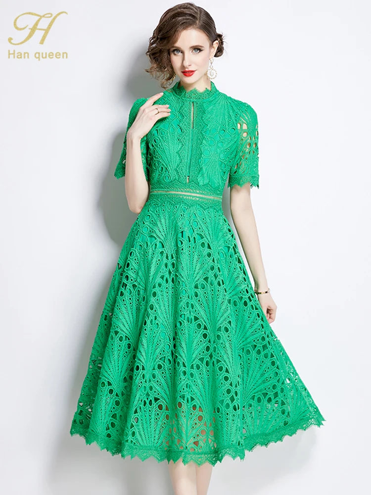 H Han Queen Spring New Elegant Casual Work Party Dresses Floral Crochet Hollow Out Lace Patchwork Casual Office Midi Dress - Smarsty