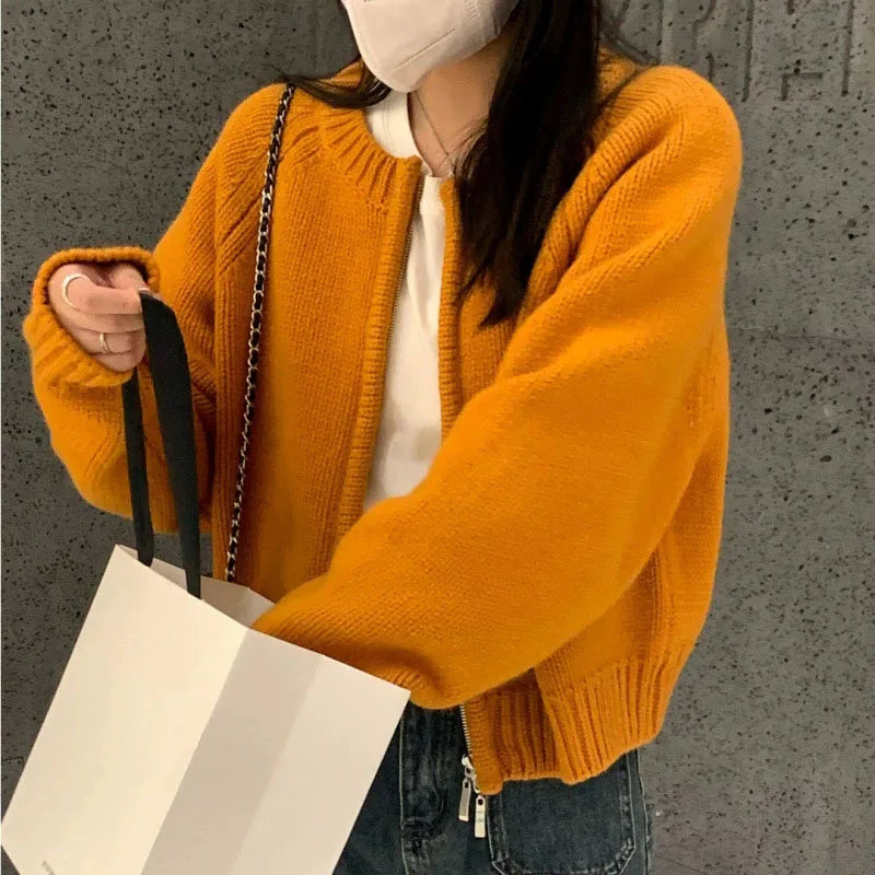 Autumn Winter Short Knitting Cardigan Women Solid Color Long Sleeve Round Neck Sweater Jacket 2025 Casual Zipper Sweater Coats - Smarsty