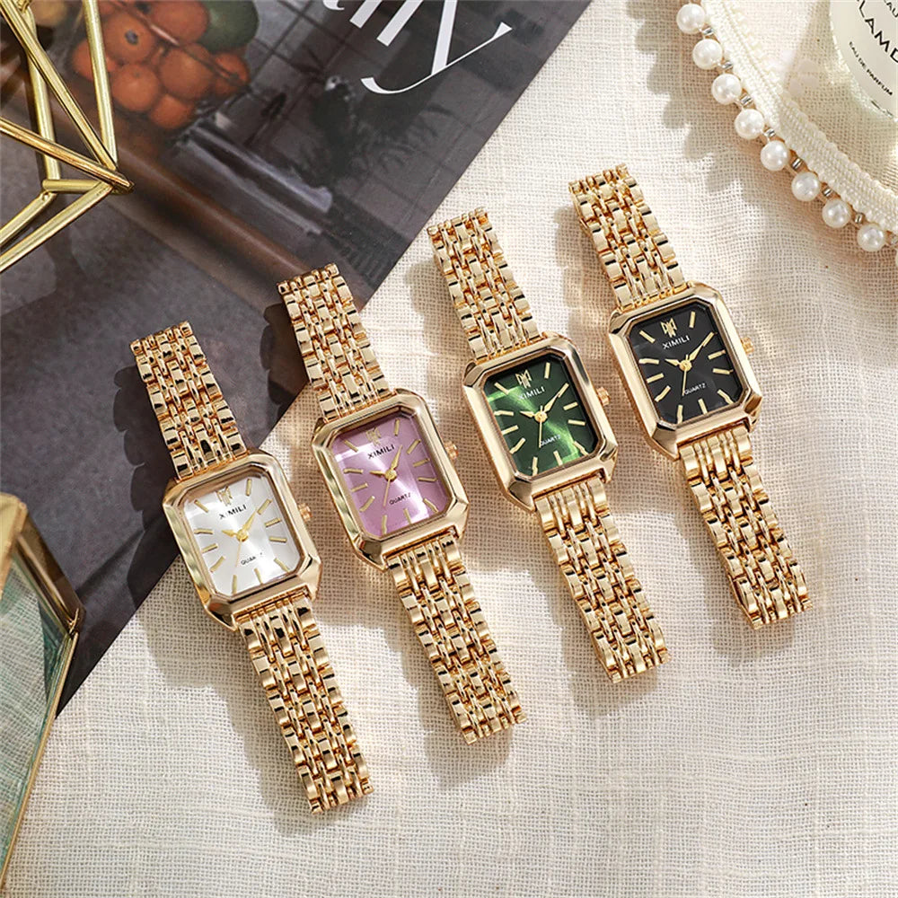 Women's Luxury Square Quartz Watch with Gold Alloy Strap - Smarsty