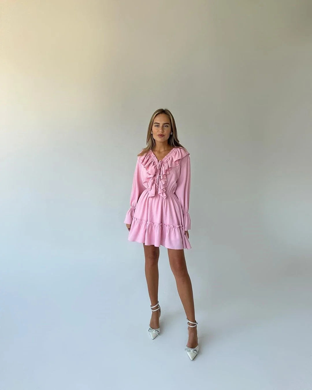 Talenza White Ruffle Bandage Mini Dress Women's Elegant Patchwork Long Sleeve Dress New Slim V Neck Lace Up Summer Mini Dress - Smarsty