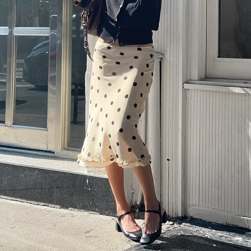 BIIKPIIK Casual Women Polka Dot Skirts Lettuce Trim Beige Elegant Midi Skirts Streetwear Simple All-match Bottom Clothing Spring - Smarsty