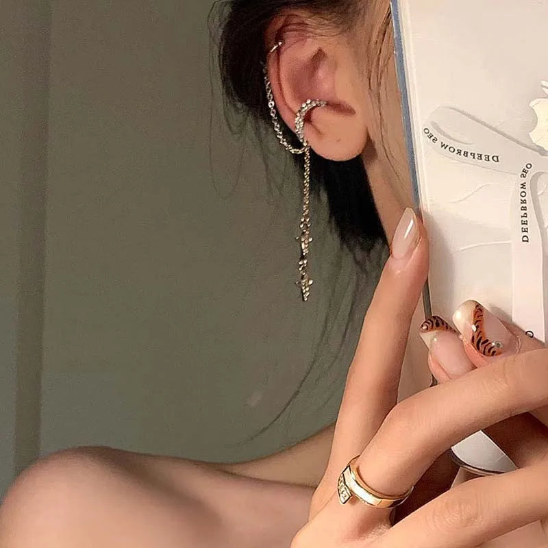 Shiny Silver Crystal Tassel Non-Piercing Ear Clip Earrings - Smarsty