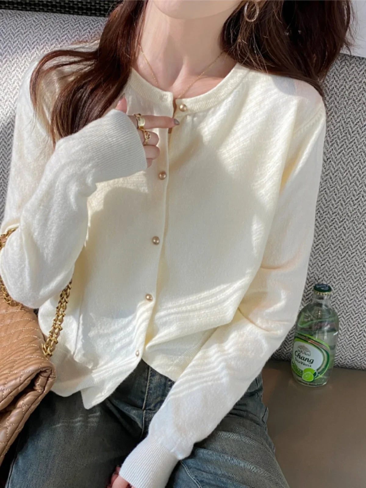Solid Color Knitted for Women Cardigan Korean Single Breasted Long Sleeve Jumper Woman Round Neck All Match Cardigans Outwear - Smarsty