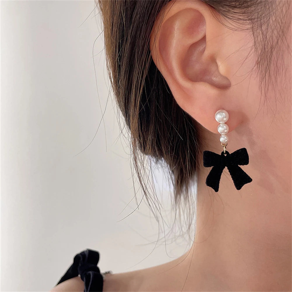 Red Black Bowtie Earrings with Simulated Pearls for Women - Smarsty