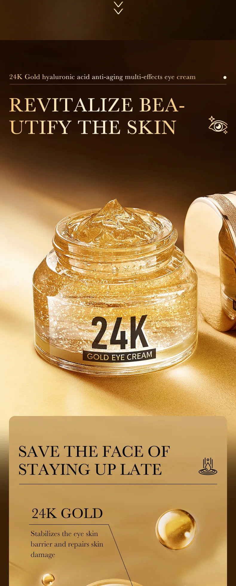 24k Gold Hyaluronic Acid Eye Cream for Dark Circles and Puffiness - Smarsty